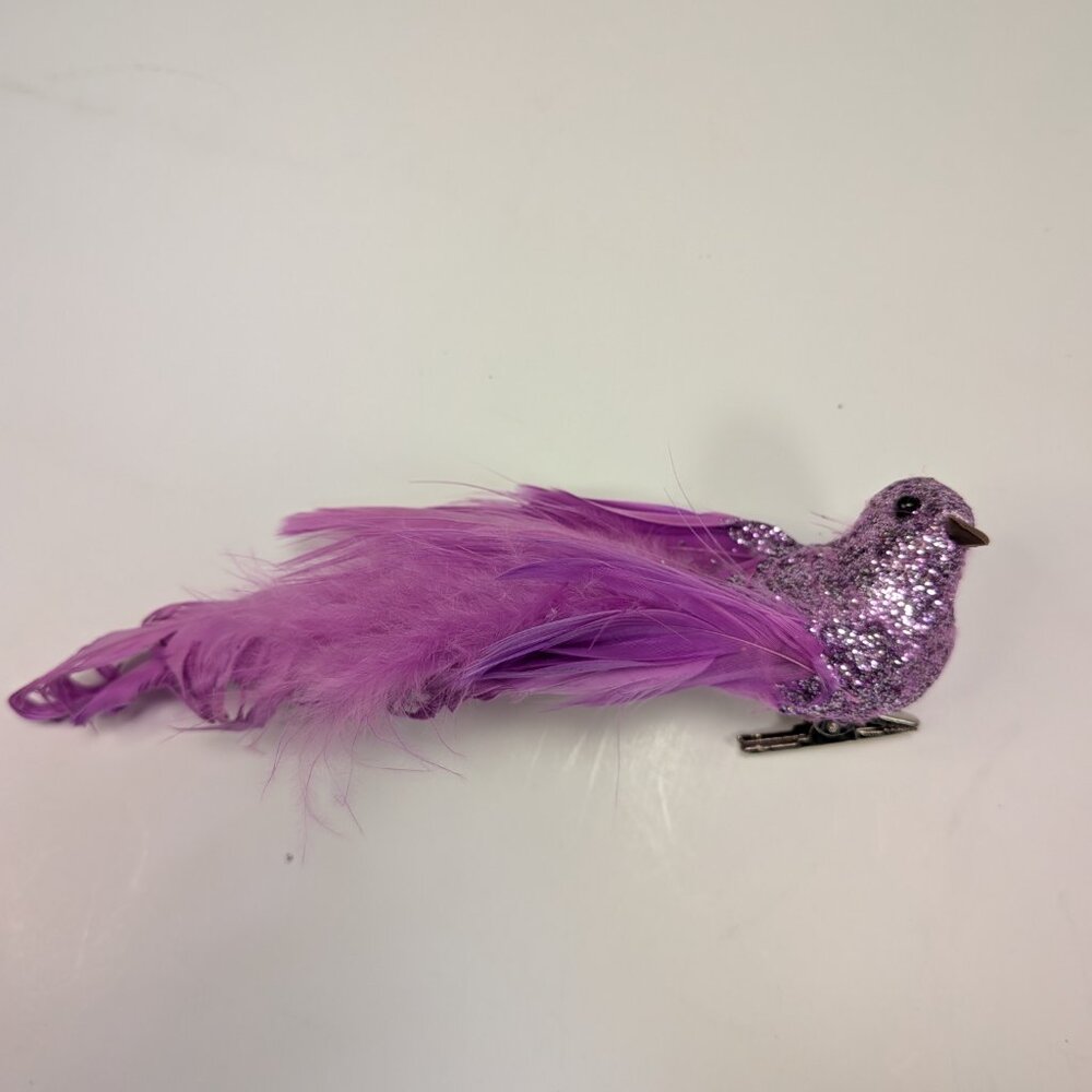 Vintage Style Purple Glitter Bird Ornament • Long Feather Tail • 1.5" Metal Clip
